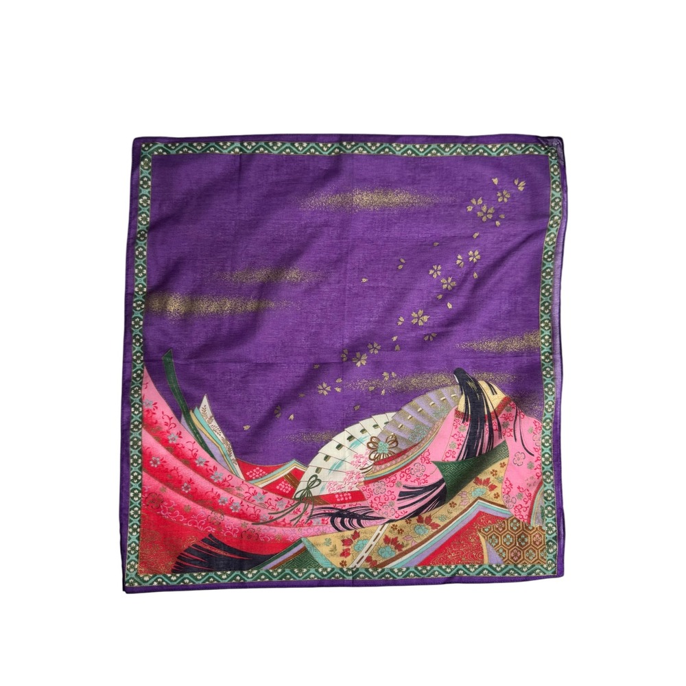 Purple Japanese Art Square Scarf Gold Metallic Heian Scene Bandana Scarf